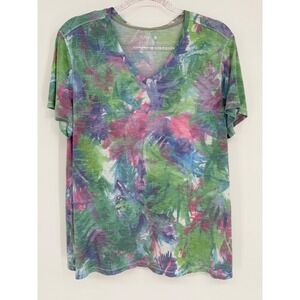 Lee Legends Women's XL Tropical Leaf Print V Neck Short Sleeve T Shirt